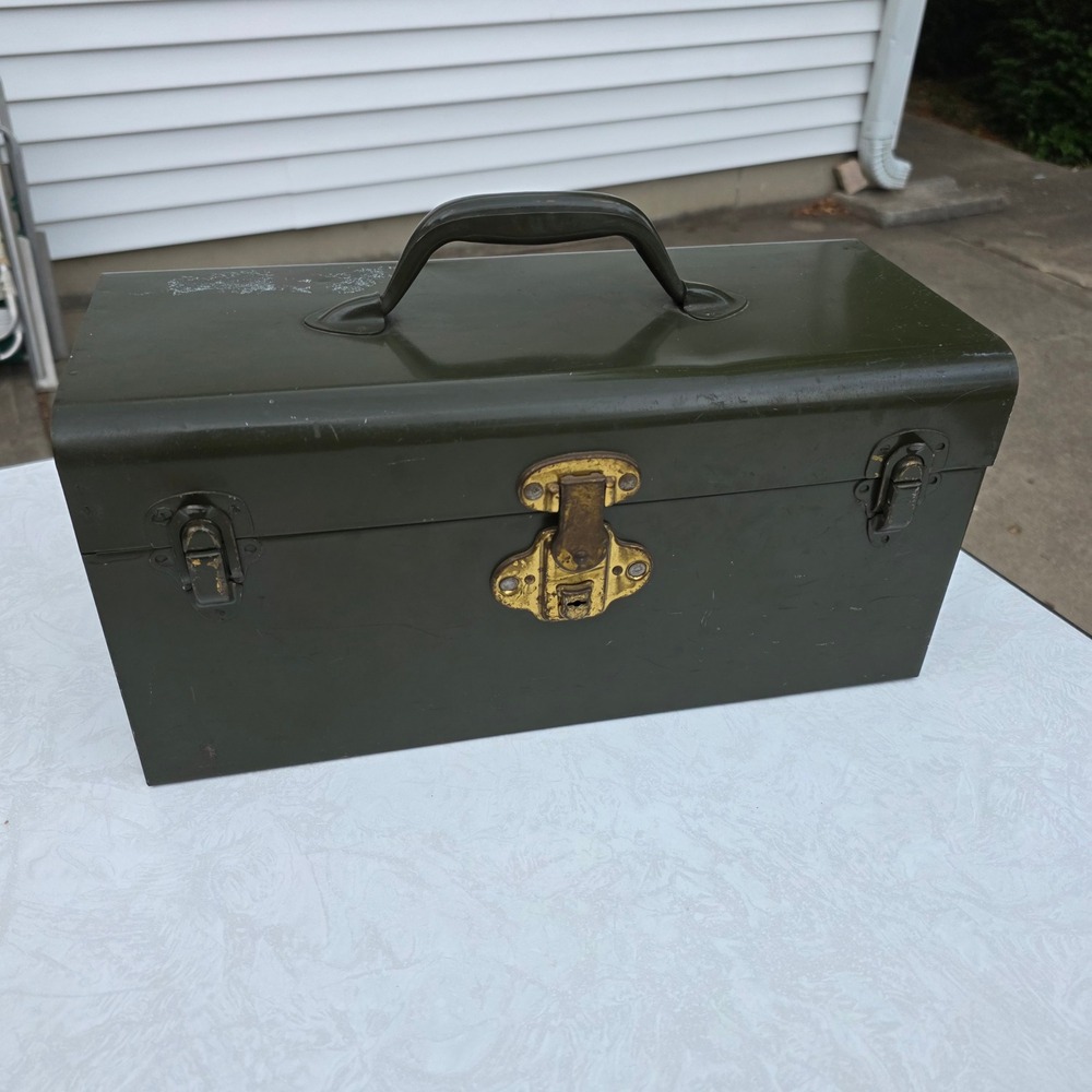 Vintage Metal Toolbox 15" Green Industrial Utility Storage Chest, 3 latches